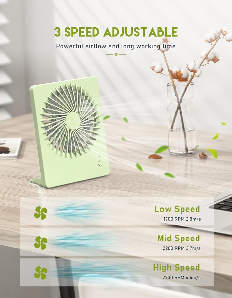 Zuvas Desk Fan Battery Operated Fan Rechargeable 180°Tilt Folding Personal Fan Ultra Quiet Small Portable 3 Speed Adjustable Strong Wind Fan For Office Bedroom Home Desktop Camping (Light Green) - Image 3